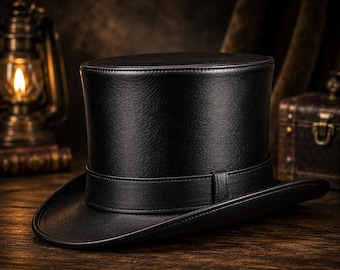 Black Leather Top Hat, Victorian Steampunk Hat, Gothic Top Hat, Tall Crown Hat, Unisex Costume Hat
