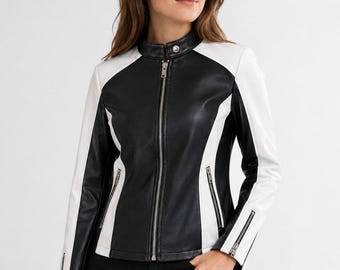 Women Black White Leather Jacket | Genuine Sheepskin Moto Biker Jacket | Slim Fit Motorcycle Jacket | YKK Zipper Fashion Coat