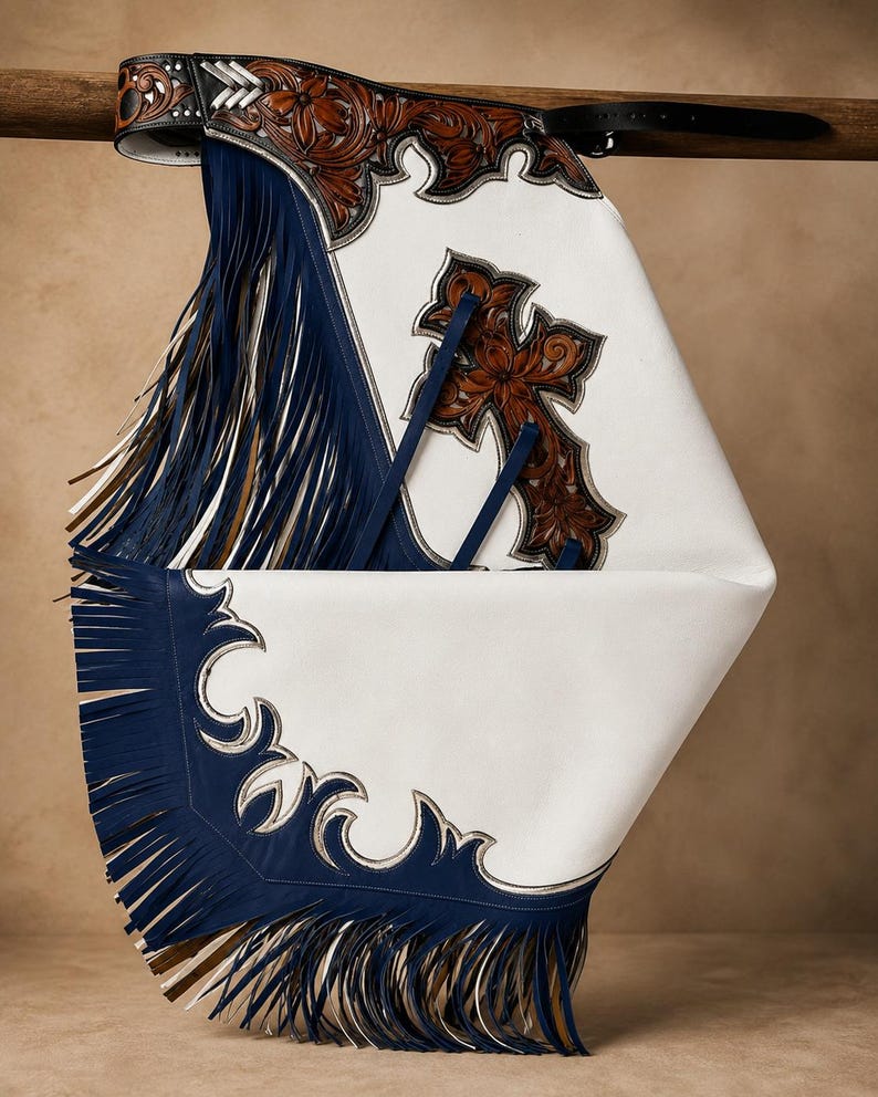 Puede incluir: Chaps vaqueros con paneles de cuero blanco, ribetes azul marino y largos flecos. La parte superior presenta un intrincado grabado floral marr&oacute;n y una aplicaci&oacute;n de cruz. El dise&ntilde;o incluye herrajes plateados y un cintur&oacute;n de cuero negro.