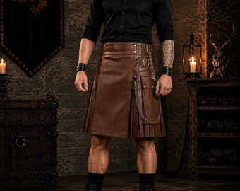 Men's Brown Leather Kilt, Gothic Utility Kilt, Steampunk Leather Skirt, Scottish Style Kilt, Medieval Costume, Festival Wear
