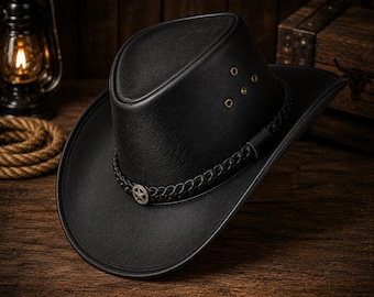 Black Leather Cowboy Hat, Western Cowboy Hat, Distressed  Leather Hat, Wide Brim Rodeo Hat, Unisex Western Hat