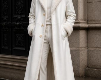 Men’s Genuine Cowhide Leather Long Coat with Fur Collar | Luxury White Winter Trench Coat | Satin Lining Gothic Overcoat