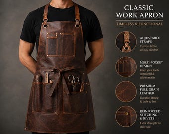 Handmade Full Grain Leather Work Apron: Adjustable X-Back Straps, Multi-Pocket Design