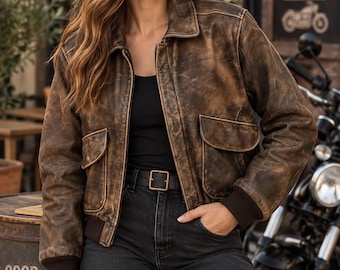 Women's Brown Distressed Leather Bomber Jacket, Vintage Motorcycle Jacket gift for him