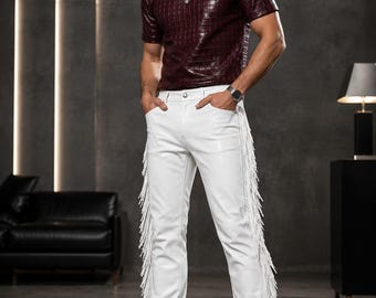 White Sheep Leather Pants, Men's Fringe Leather Pants, Western Cowboy Trousers, Rodeo Leather Pants, Handmade Custom Leather Pants