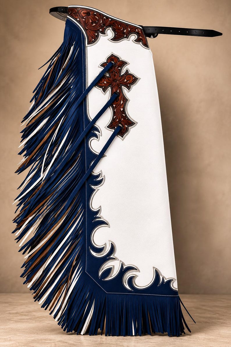 Puede incluir: Chaps de cuero blanco con ribete azul oscuro y recortes decorativos, largos flecos azules y blancos, y una aplicaci&oacute;n de cuero marr&oacute;n con dise&ntilde;o floral en forma de cruz. Un cintur&oacute;n de cuero negro con hebilla est&aacute; sujeto a la cintura.