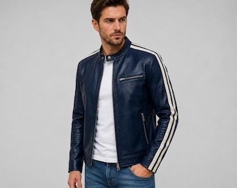 Men’s Cream Blue Leather Jacket | Cowhide Leather Biker Jacket for Men | Cafe Racer Motorcycle Jacket | YKK Zip Fashion Coat