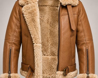Genuine Sheepskin Men's Leather Tan RAF B3 Aviator Bomber Jacket gift for him