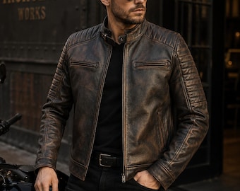 Men's Brown Waxed Leather Jacket, Distressed Motorcycle Biker Jacket, Vintage Leather Jacket, Quilted Shoulder Jacket, Handmade