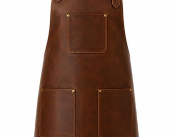 Handmade Brown Leather BBQ Apron | Genuine Cowhide Grilling Apron | 3 Pocket Chef Apron | Adjustable Barbecue Work Apron
