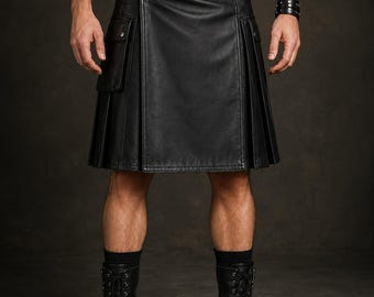 Men's Black Leather Utility Kilt | Genuine Cowhide Gothic Kilt | Biker Scottish Kilt | Pleated Leather Kilt with Cargo Pocket