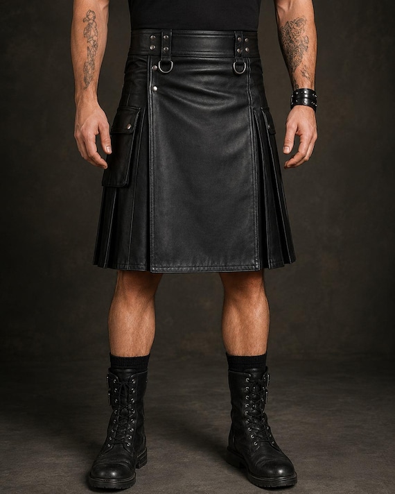 Men's Black Leather Utility Kilt | Genuine Cowhide Gothic Kilt | Biker Scottish Kilt | Pleated Leather Kilt with Cargo Pocket