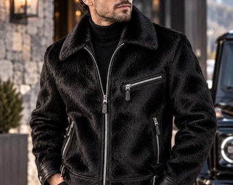 Men's Black Hair On Hide Leather Jacket, Genuine Cowhide Jacket, Biker Motorcycle Jacket, Western Leather Coat, Fur Collar Jacket
