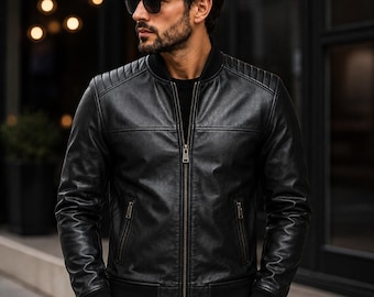 Men's Black Genuine Cowhide Leather Jacket, Ribbed Bomber Jacket, Stylish European Leather Coat, Men's Motorcycle Jacket, Gift for Him