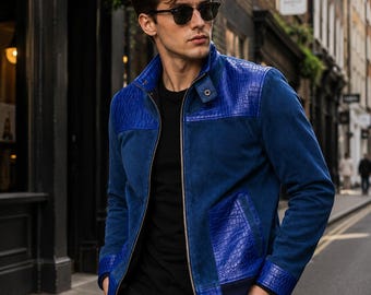 Men's Blue Suede Leather Jacket, Crocodile Pattern Leather Jacket, Stylish Bomber Jacket, YKK Zipper, Fashion Streetwear