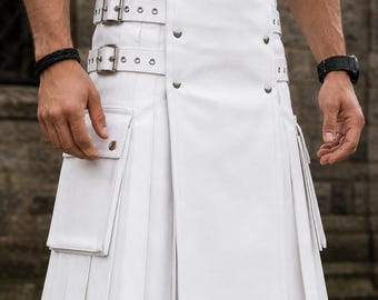 Men's Leather Kilt, Genuine Cowhide Utility Kilt, Gothic Biker Kilt, Steampunk Kilt, Tactical Festival Skirt, Handmade Leather White Kilt