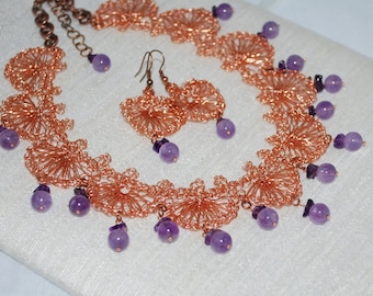 Crocheted Copper Wire Lace Necklace, Crochet Statement Necklace, Amethyst Copper Necklace, Crochet Wire Jewelry