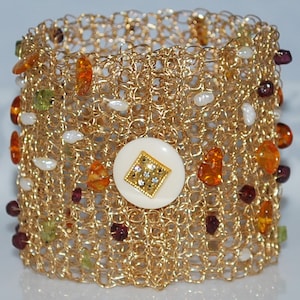 Crocheted Wire Beaded Cuff Bracelet, Crochet Wire Bracelet, Multi Gemstone Wire Cuff, Crochet Wire Jewelry, Multicolor