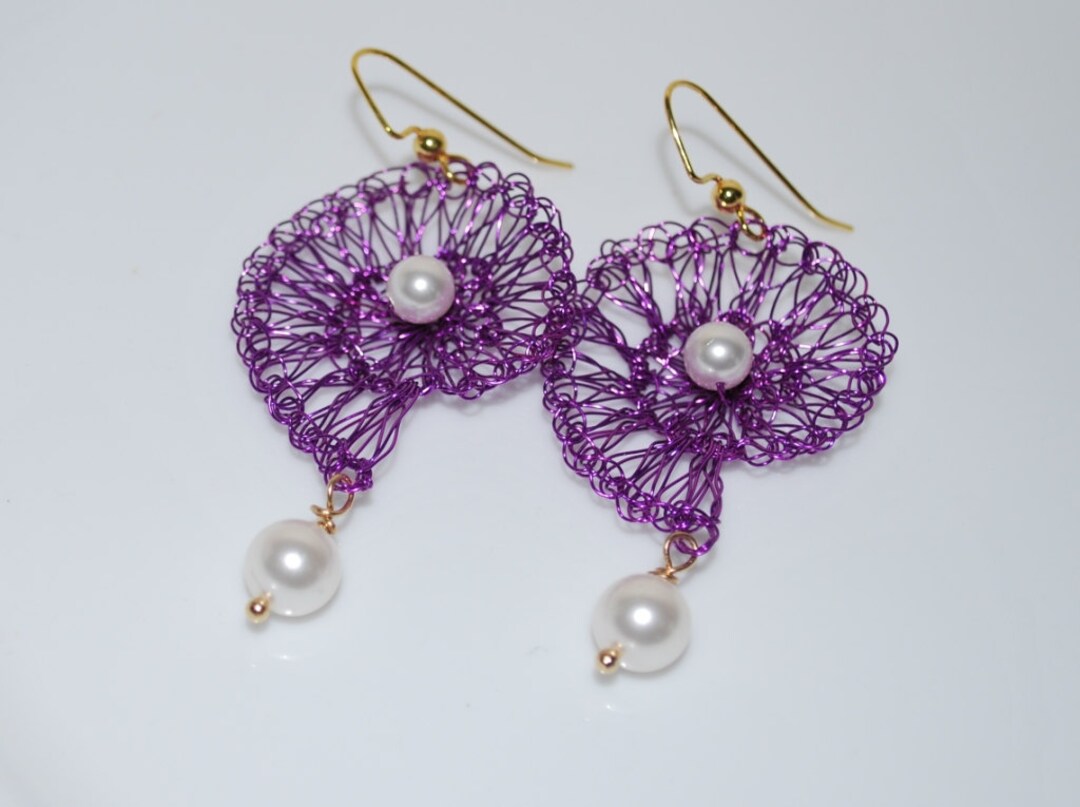 Crocheted Wire Shell Earrings, Amethyst Wire Crochet Earring, White ...