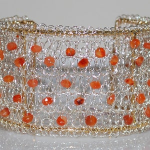 Hand Crocheted Wire Cuff, Beaded Wire Cuff Bracelet, Crochet Wire Bracelet, Crochet Wire Jewelry, Carnelian