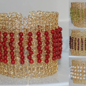 Hand Crocheted Wire Bracelet, Beaded Wire Cuff Bracelet, Crochet Wire Bracelet, Crochet Wire Jewelry, Coral
