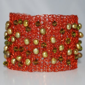 Crocheted Wire Beaded Cuff Bracelet, Crochet Wire Bracelet, Freshwater Pearls Wire Cuff, Crochet Wire Jewelry, Swarovski Crystal Cuff