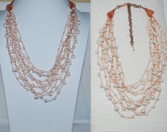 Multi-strand Crocheted Pearl Necklace, Swarovski Pearl Multistrand Necklace, Crochet Wire Jewelry, Copper Bridal Jewelry