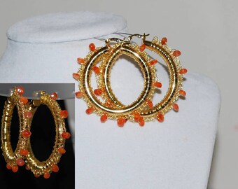 Beaded Wire Crocheted Hoop Earrings, Gold Wire Crochet Earring, Gemstone Beaded Hoop Earrings, Crochet Wire Jewelry, Carnelian, Red Orange