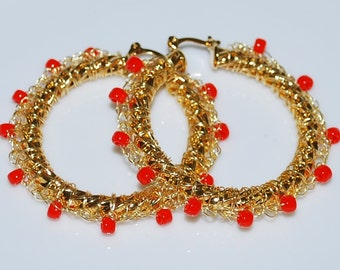 Beaded Wire Crocheted Hoop Earrings, Gold Wire Crochet Earring, Beaded Earrings, Crochet Wire Jewelry, Gold, Red Orange
