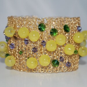 Gehäkelte Draht Perlen Manschette Armband, Häkeldraht Armband, Kristall Manschette Armband, Golddraht mit Gelben Glasperlen, Häkeldraht Schmuck