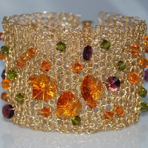 Crocheted Wire Beaded Cuff Bracelet, Crochet Wire Bracelet, Crystal Cuff Bracelet, Gold Wire with Swarovski Hearts, Crochet Wire Jewelry image 1