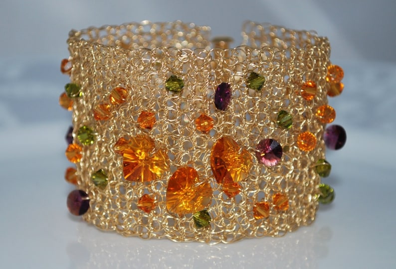 Crocheted Wire Beaded Cuff Bracelet, Crochet Wire Bracelet, Crystal Cuff Bracelet, Gold Wire with Swarovski Hearts, Crochet Wire Jewelry image 1