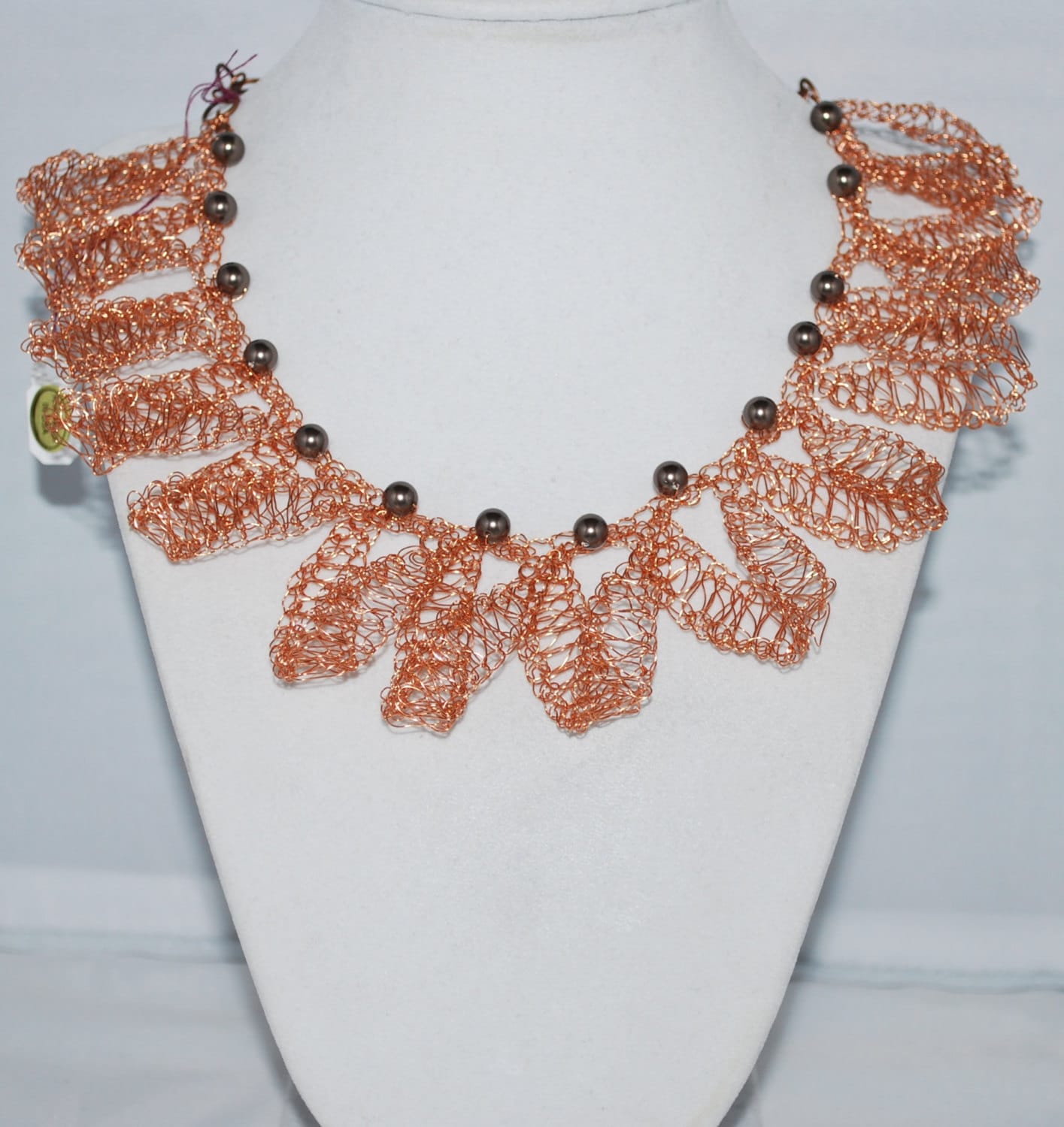 Crocheted Copper Wire Lace Necklace, Swarovski Pearl Bib Necklace