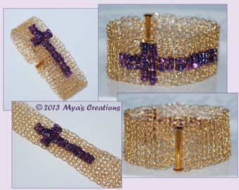 Men's Crocheted Wire Beaded Cuff Bracelet, Sideways Cross Beaded Bracelet, Crocheted Wire Sideways Cross Bracelet,Crochet Wire Jewelry