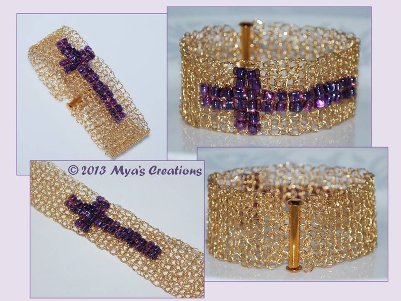 Men's Crocheted Wire Beaded Cuff Bracelet, Sideways Cross Beaded Bracelet, Crocheted Wire Sideways Cross Bracelet,Crochet Wire Jewelry image 1