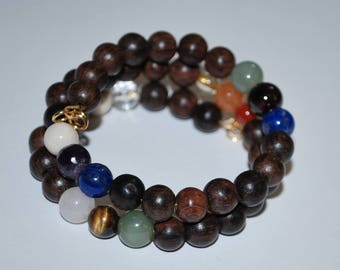 Wood Bead and Healing Crystal Bracelet, Meditation Bracelet, Wood Bead Bracelet, Multi-Healing Stone Bracelet, Unisex Bracelet