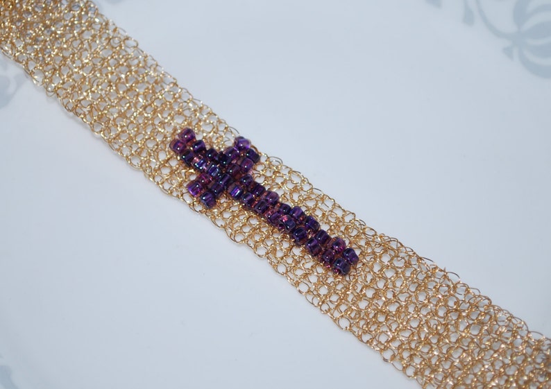 Men's Crocheted Wire Beaded Cuff Bracelet, Sideways Cross Beaded Bracelet, Crocheted Wire Sideways Cross Bracelet,Crochet Wire Jewelry image 4