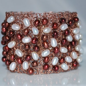 Crocheted Wire Beaded Cuff Bracelet, Crochet Wire Bracelet, Freshwater Pearls on Wire Cuff, Crochet Wire Jewelry, Cranberry, Antique Copper