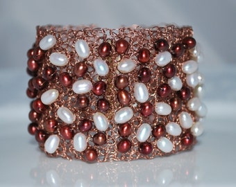 Crocheted Wire Beaded Cuff Bracelet, Crochet Wire Bracelet, Freshwater Pearls on Wire Cuff, Crochet Wire Jewelry, Cranberry, Antique Copper