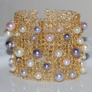 Multicolor Crystal Pearl Cuff Bracelet, Crochet Wire Bridal Bracelet, Swarovski Pearl Wire Cuff, Crochet Wire Jewelry, Multicolor
