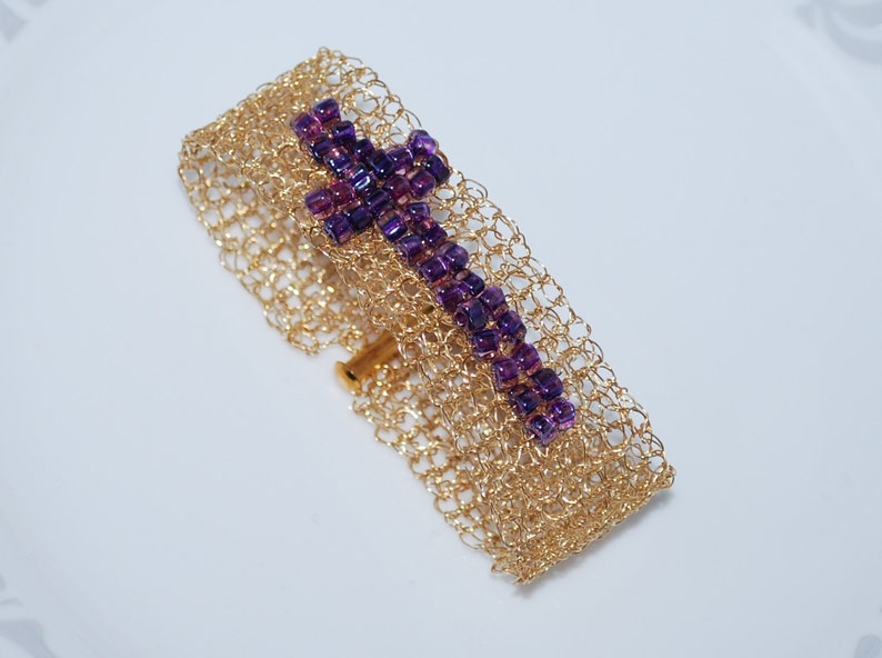 Men's Crocheted Wire Beaded Cuff Bracelet, Sideways Cross Beaded Bracelet, Crocheted Wire Sideways Cross Bracelet,Crochet Wire Jewelry image 2