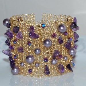 Crystal Pearl and Amethyst Chip Cuff Bracelet, Crochet Wire Bridal Bracelet, Gemstone Wire Cuff, Crochet Wire Jewelry, Purple