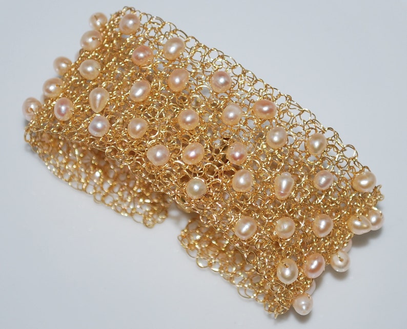 Crocheted Wire Beaded Cuff Bracelet Freshwater Pearls Wire | Etsy