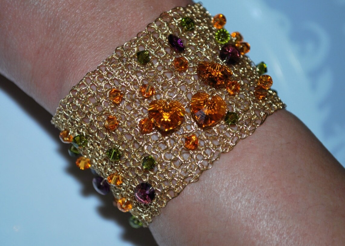 Crocheted Wire Beaded Cuff Bracelet, Crochet Wire Bracelet, Crystal