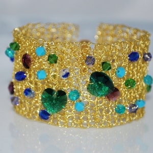 Crocheted Wire Beaded Cuff Bracelet, Crochet Wire Bracelet, Crystal Cuff Bracelet, Gold Wire with Swarovski Hearts, Crochet Wire Jewelry