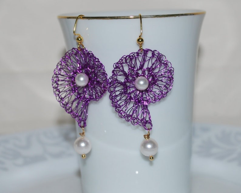 Crocheted Wire Shell Earrings Amethyst Wire Crochet Earring Etsy