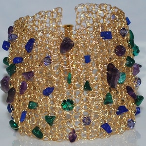 Multi Gemstone Bracelet, Crocheted Wire Beaded Cuff Bracelet, Crochet Wire Bracelet, Crochet Wire Jewelry, Multicolor Gemstones