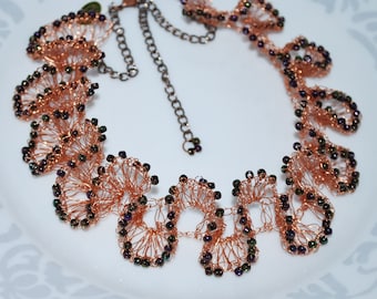 Beaded Crocheted Wire Ruffle Necklace, Crochet Statement Necklace, Copper Bib Necklace, Bold Necklace, Crochet Wire Jewelry