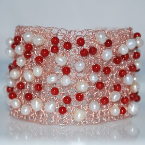 Crocheted Wire Beaded Cuff Bracelet, Crochet Wire Bracelet, Rose Gold Wire Bracelet, Crochet Wire Jewelry, Coral, Freshwater Pearls
