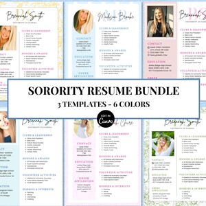 Könnte beinhalten: Ein Sorority-Lebenslauf-Bundle mit sechs Vorlagen in verschiedenen Pastellfarben. Jede Vorlage enthält Abschnitte für Kontaktinformationen, Ausbildung, Auszeichnungen, Aktivitäten und griechische Zugehörigkeit. Der Text "Sorority Resume Bundle" und "Edit in Canva" sind ebenfalls sichtbar.